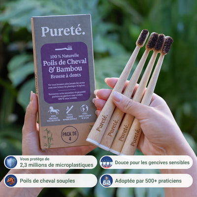 Brosse à dents Pureté. en bambou et poils de cheval, lot de 4, avec son étui