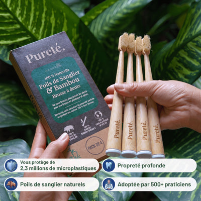 Brosse à dents Pureté. en bambou et poils de sanglier, lot de 4, avec son étui