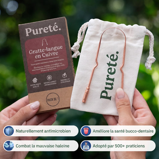 Gratte-langue en cuivre Pureté. avec sa boîte et sa pochette en toile