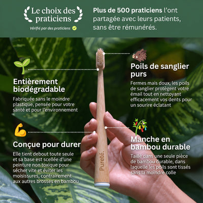 Les 4 bénéfices de la brosse à dents Pureté. : biodégradable, poils de sanglier, durable, bambou