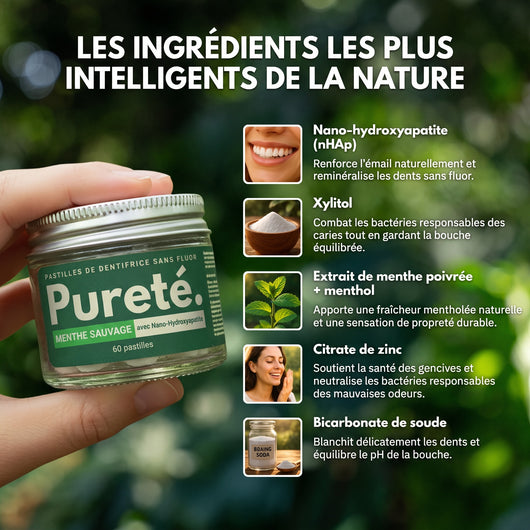 Les ingrédients des pastilles Pureté. : nano-hydroxyapatite, xylitol, menthe