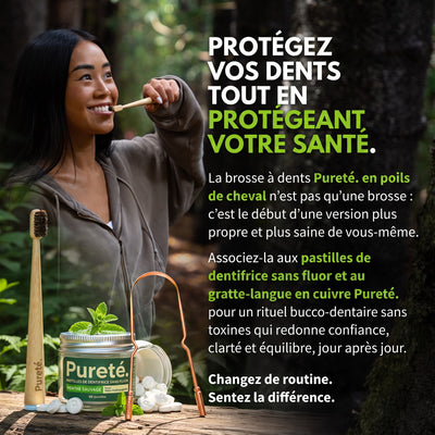 Brosse à dents Pureté., pastilles de dentifrice et gratte-langue en cuivre