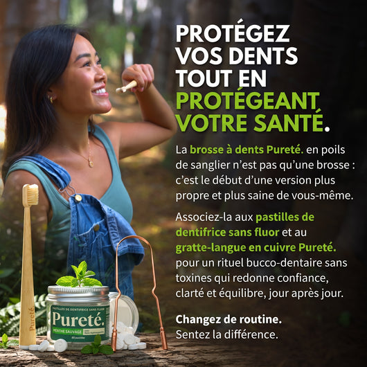 Brosse à dents Pureté., pastilles de dentifrice et gratte-langue en cuivre