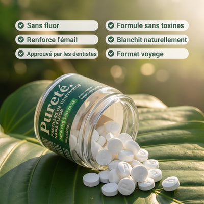 Pastilles de dentifrice Pureté. sans fluor, renforce l'émail, format voyage